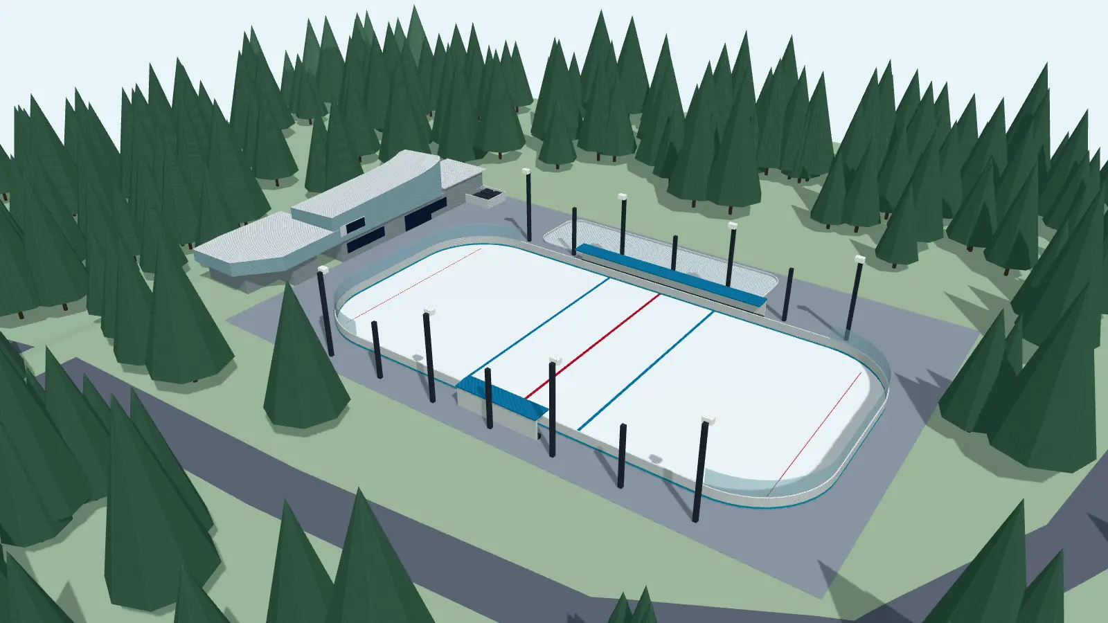 3D-Modell des Eisplatzes Lindenberg: Eisfläche, Eisstockbahnen und das Gebäude Eisscholle mit Kasse und Eisstüble