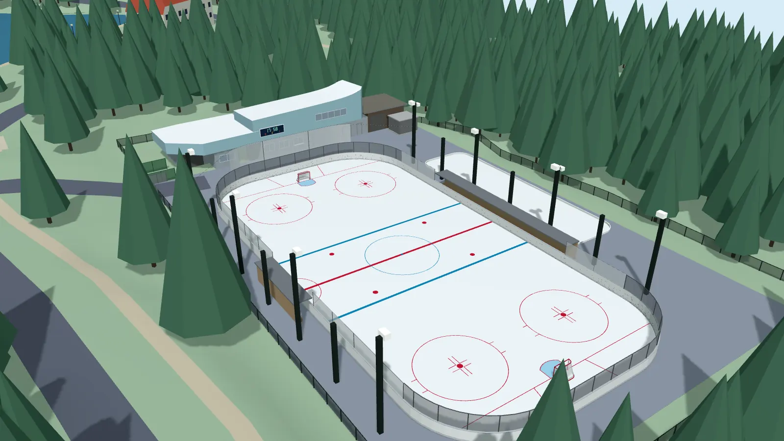 3D-Modell des Eisplatzes Lindenberg: Eisfläche, Eisstockbahnen und das Gebäude Eisscholle mit Kasse und Eisstüble